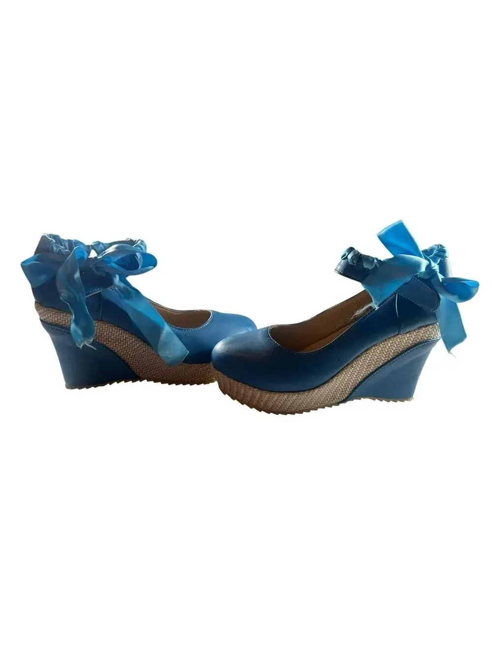 Lolita Blue Ribbon Lace Up Wedge Heels